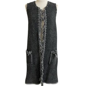 Italian Wool Blend Black Blue Gray Sweater Duster Knee Length Fringed Edges OS